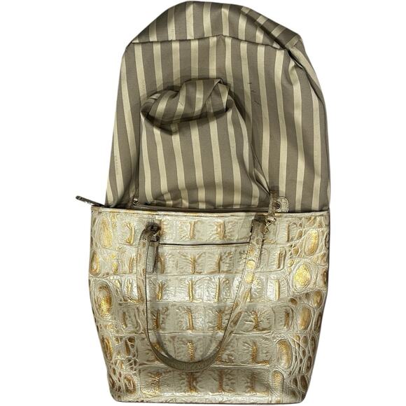 Brahmin Asher Champagne Orinoco Tan-Gold Croc Embossed Leather Tote Purse Bag